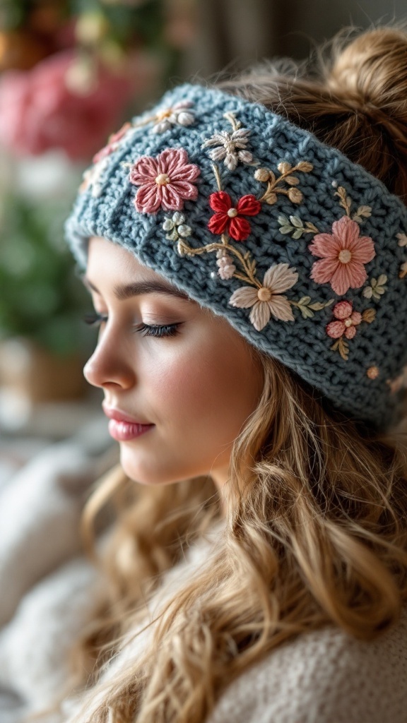 A woman wearing a crochet ear warmer with floral embroidery, looking serene.