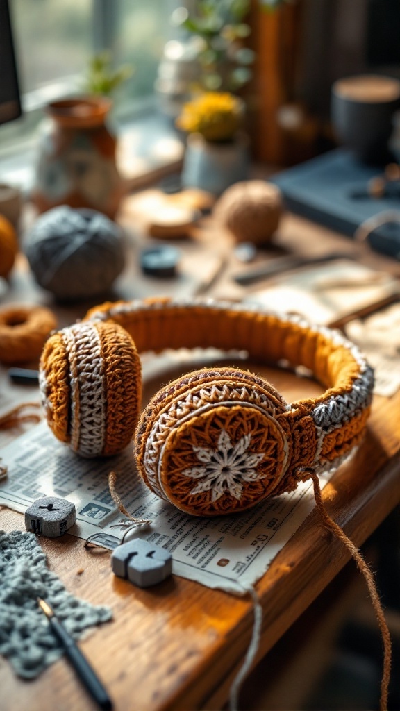 A beautifully crocheted headphone cover in warm colors displayed on a wooden table, surrounded by yarn and crafting tools.