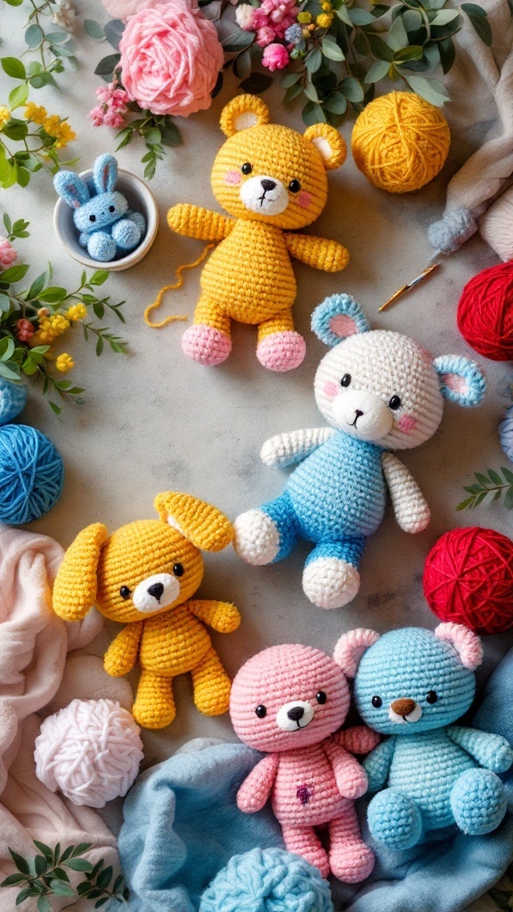 Colorful crochet plushies including a yellow bear, a pink bunny, and other cute animals, surrounded by yarn and flowers.