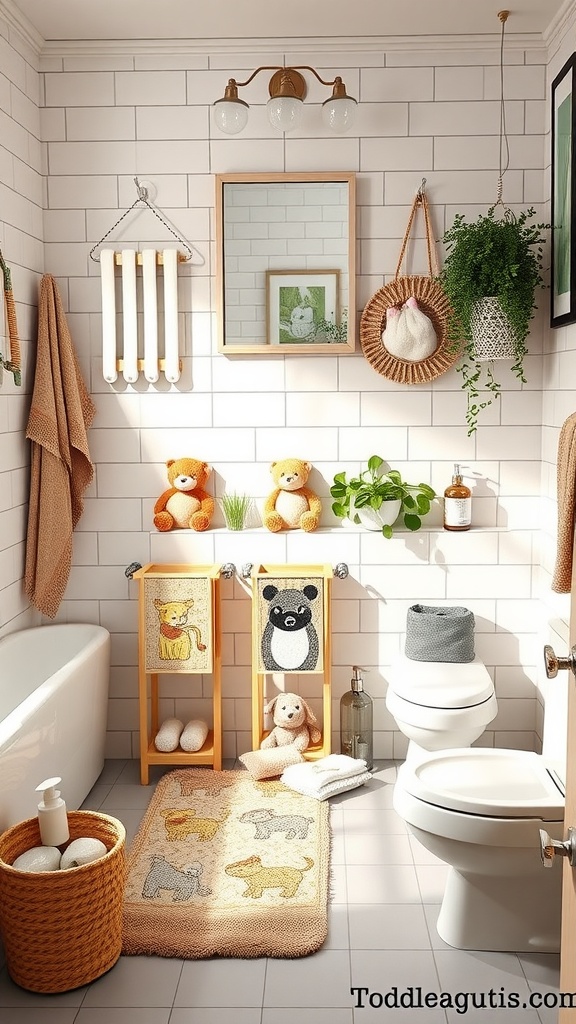 A cozy toddler bathroom adorned with cute animal-themed accessories, featuring a soft rug, playful storage baskets, and cheerful wall decor.
