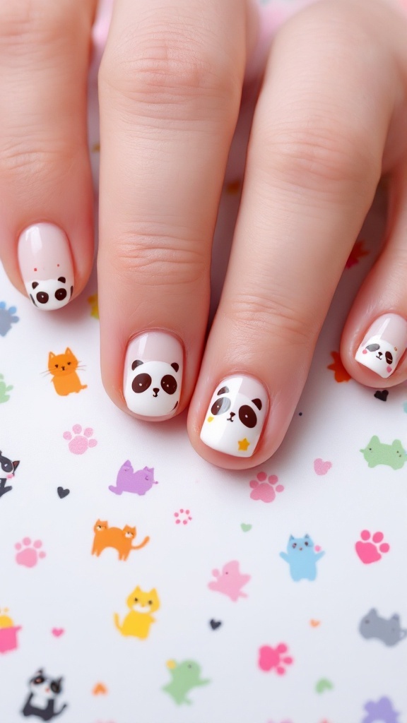 Cute animal nail designs featuring panda faces on a colorful background.