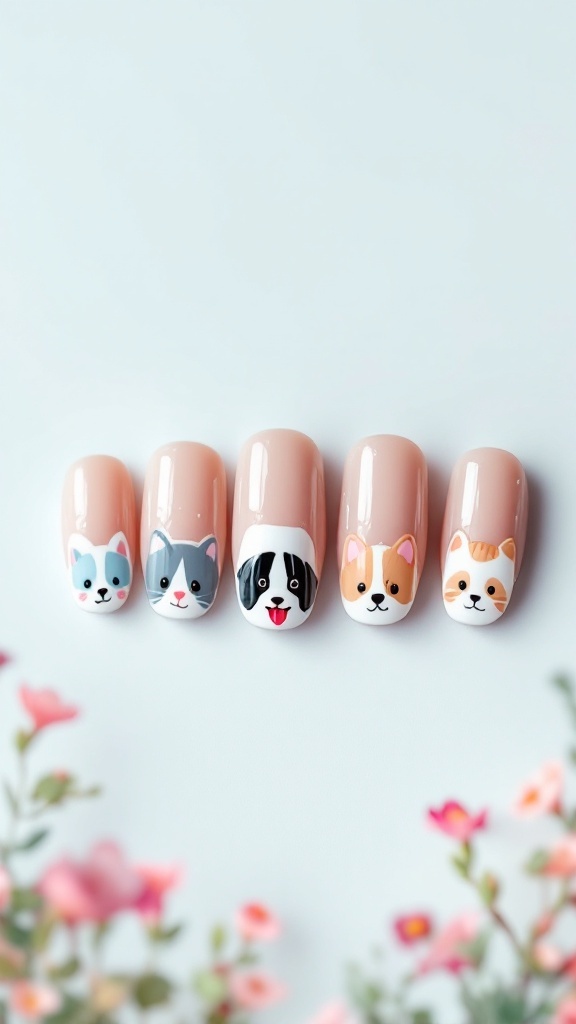 Five nails with cute animal designs, including a cat, a dog, and other pets, set against a soft pink background.
