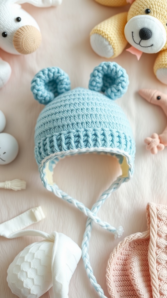 A light blue knitted baby cap with ears, surrounded by soft toys and accessories