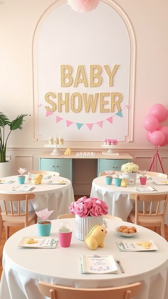 A cute and colorful baby shower setup featuring a 'BABY SHOWER' sign, pastel table decorations, and sweet treats.