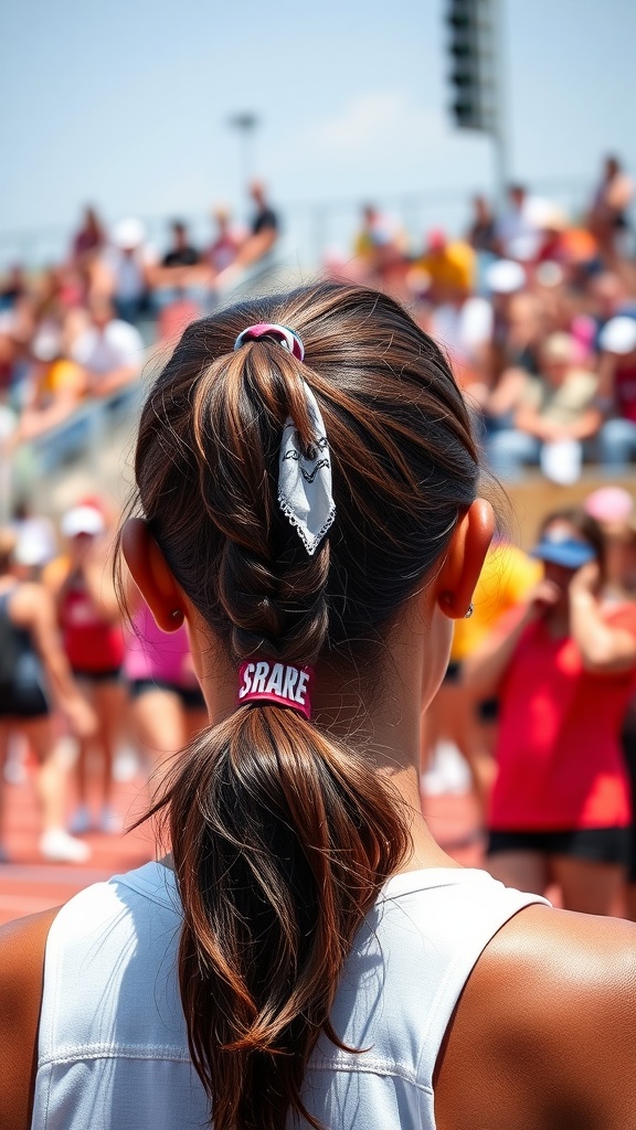 A sporty hairstyle featuring a bandana-tied ponytail, showcasing a young athlete from the back, with a crowd in the background.
