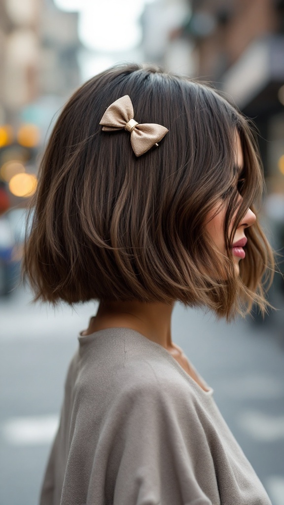 A woman with a cute bob hairstyle adorned with a bow clip, standing in an urban setting.