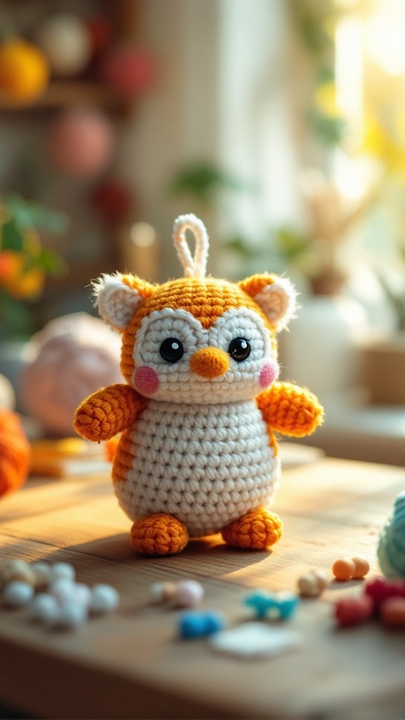 A cute crocheted character keychain in orange and white, featuring big eyes and pink cheeks, placed on a wooden table with craft supplies.