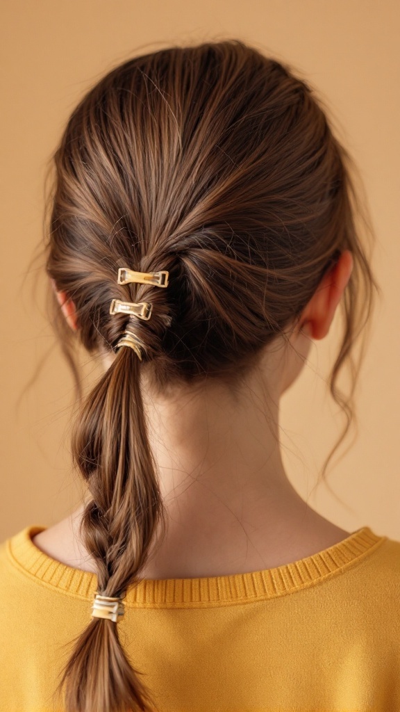 A girl with short hair styled in pigtails using claw clips, featuring a braided look and a soft background.