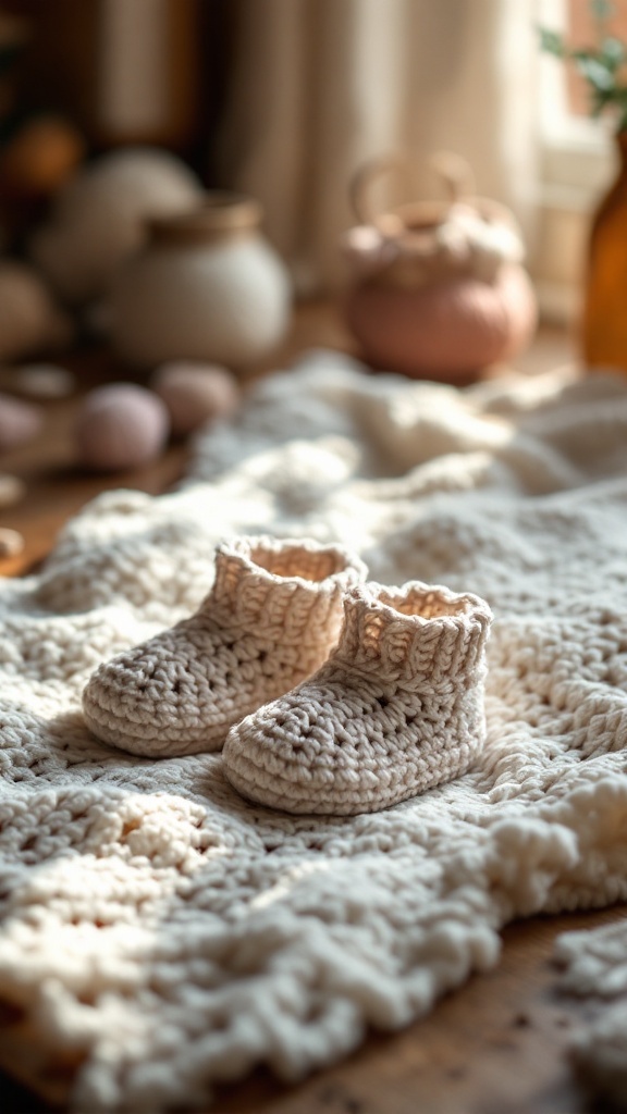 Crochet booties in a soft, neutral color, placed on a cozy knitted blanket.