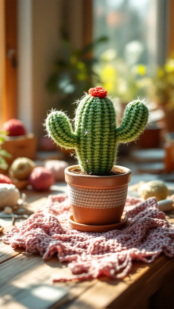 A cute crochet cactus in a small pot, placed on a wooden table with a pink crochet cloth.
