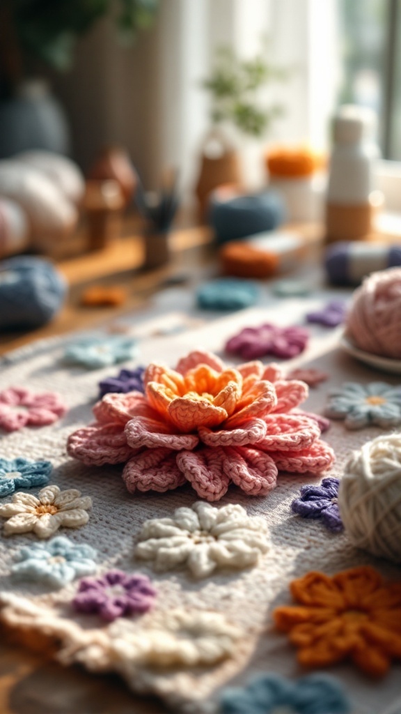 Colorful crochet flower appliqués displayed on a table with yarn and crochet supplies.