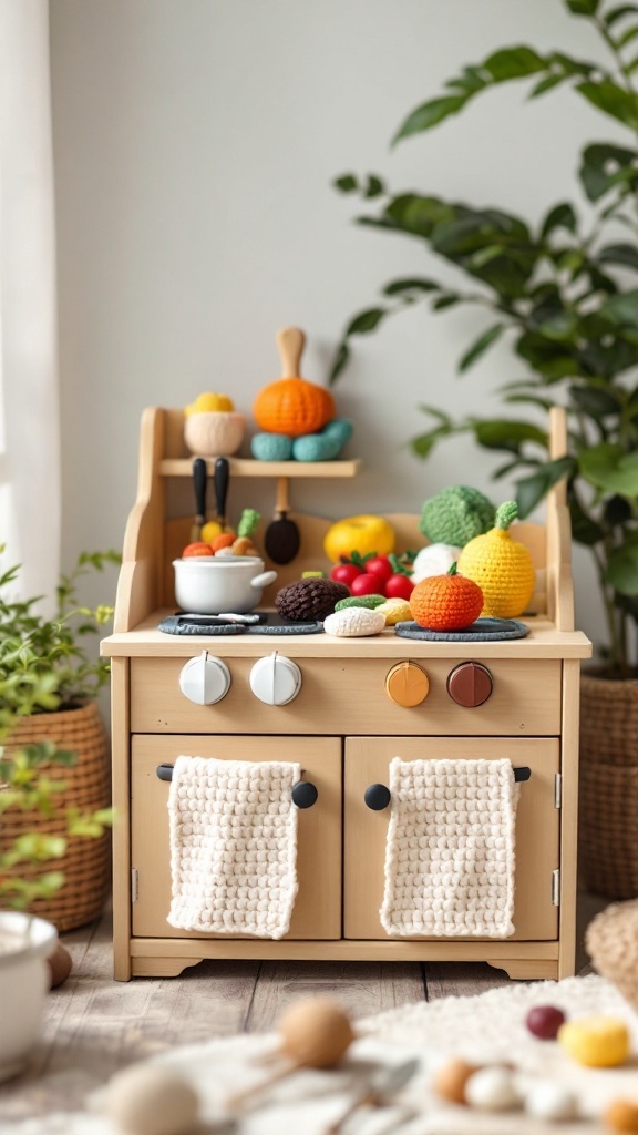 A cozy kitchen play set featuring colorful crocheted food items like fruits and vegetables, creating a fun atmosphere for imaginative play.