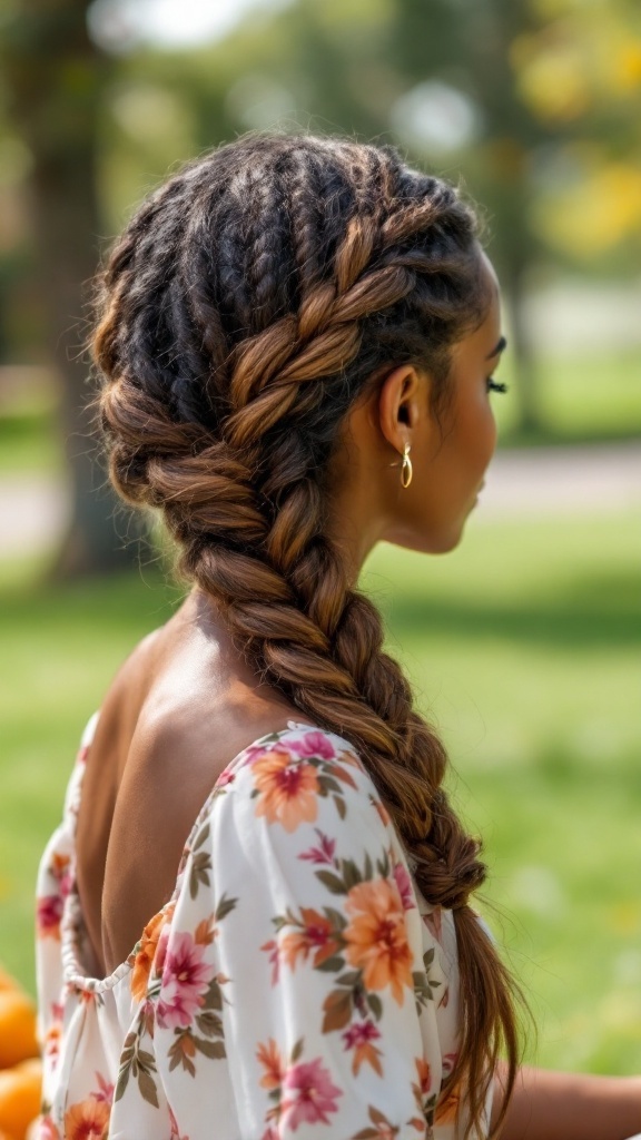 A woman showcasing a cute crochet side braid hairstyle, wearing a floral top and sitting outdoors.