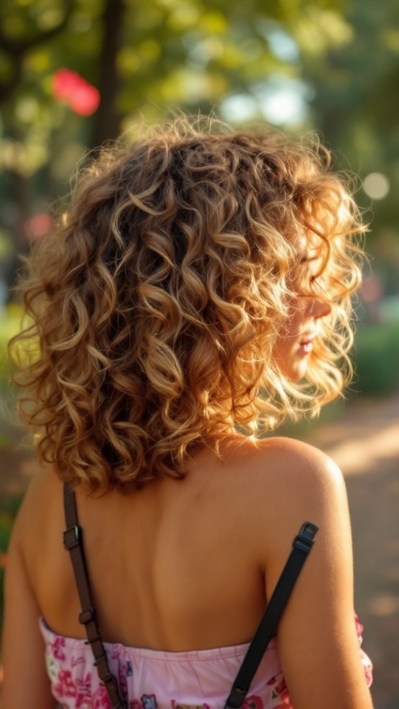 A woman with curly medium hair enjoying the outdoors.