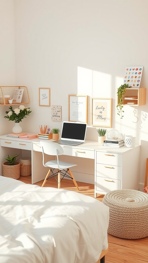 A soft girl aesthetic bedroom featuring a neat desk space with a laptop, stationery, plants, and decorative art.