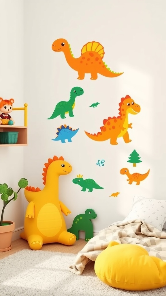A toddler room decorated with cute dinosaur wall decals featuring friendly, colorful dinosaurs