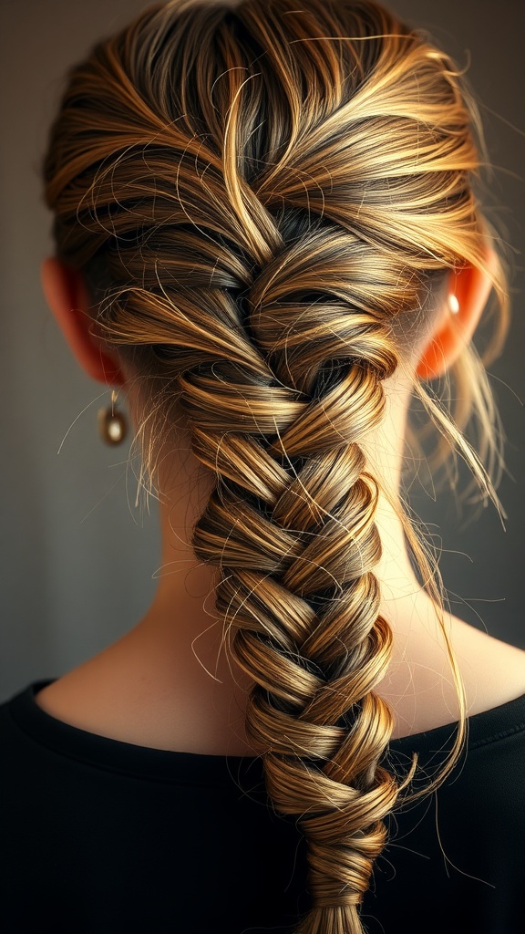 A close-up view of a neatly styled fishtail braid on blonde hair.