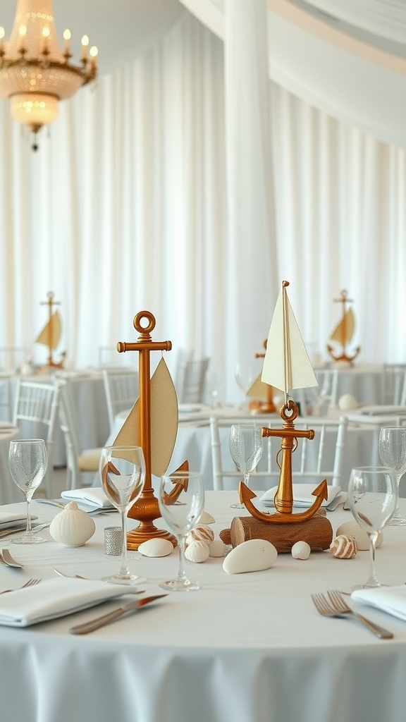 Nautical-themed centerpieces featuring sailboats and anchors on a table