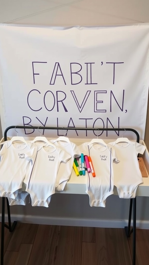 Decorating corner with white onesies and fabric markers for a baby shower