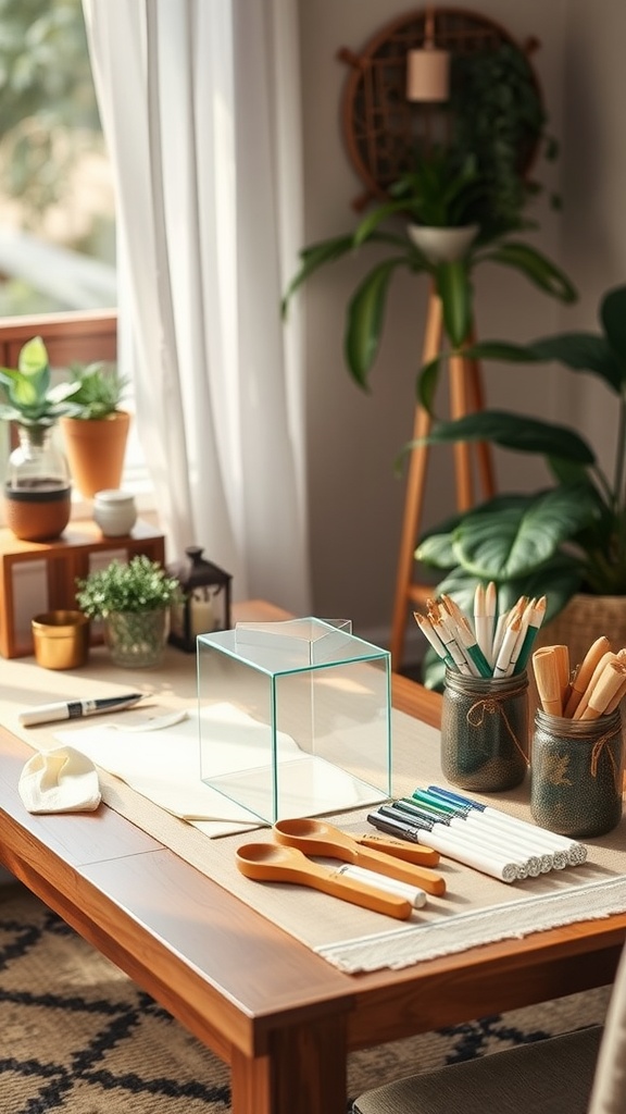 A cozy crafting station for decorating baby onesies, featuring markers, wooden utensils, and decorative plants.
