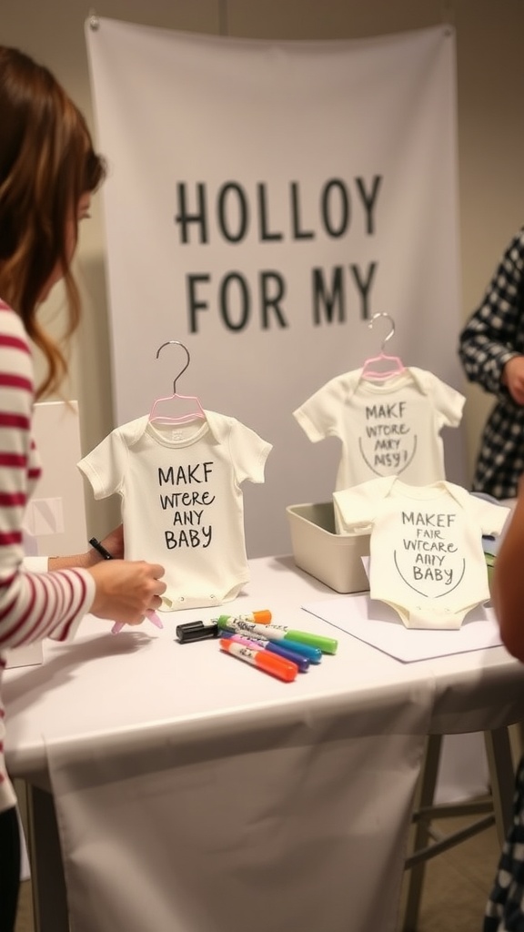 Guests decorating plain onesies at a baby shower decoration station.