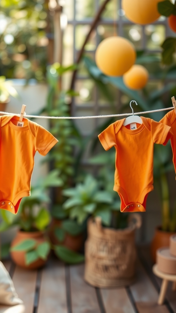 Three orange baby onesies hanging on a clothesline in a bright, green setting