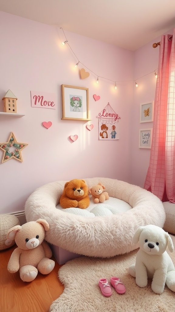 A cozy pet bed area with a plush bed, teddy bears, and pink decorations in a girly room.