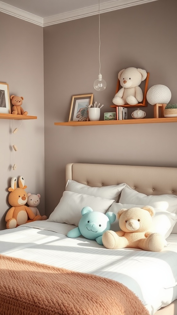 A soft girl bedroom with plush toys on the bed and shelves, creating a cozy and playful atmosphere.