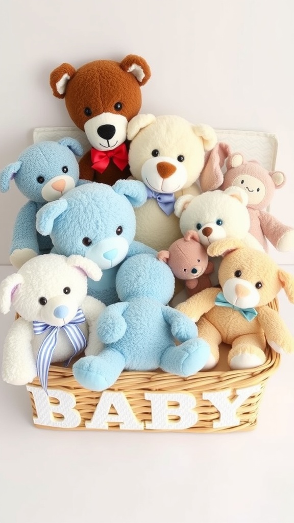 A collection of cute plush toys for baby boys in a woven basket with the word 'BABY' on it.