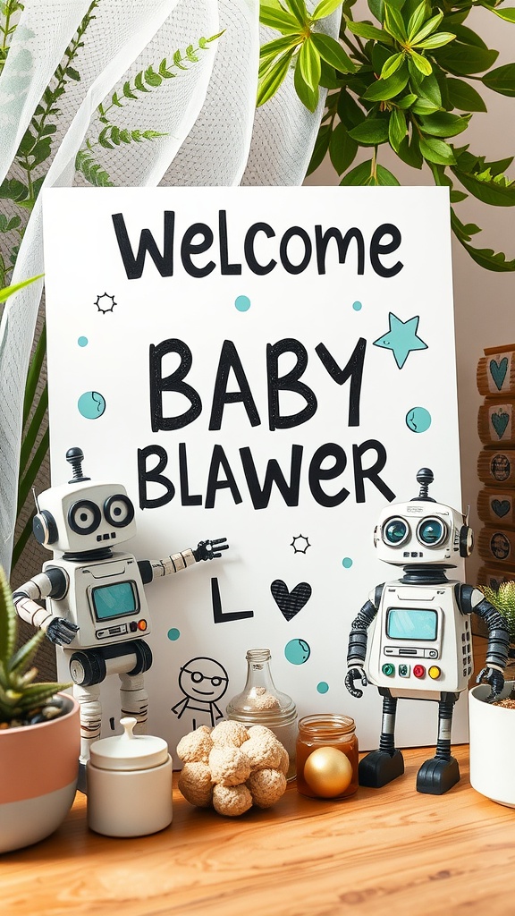 A baby shower welcome sign with cute robots beside it, featuring playful decorations.