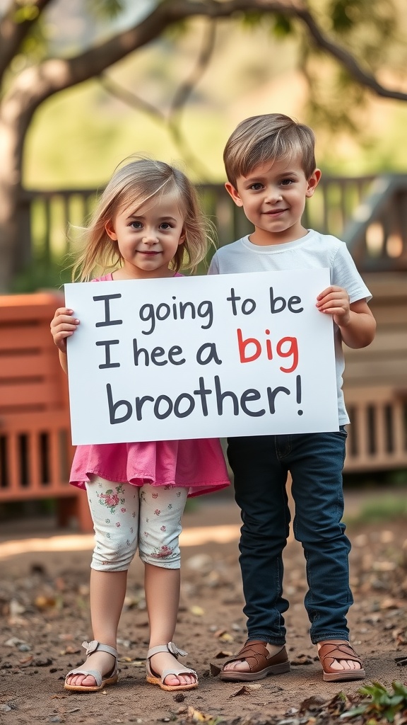 Two young children holding a sign that announces they are becoming a big brother and sister.