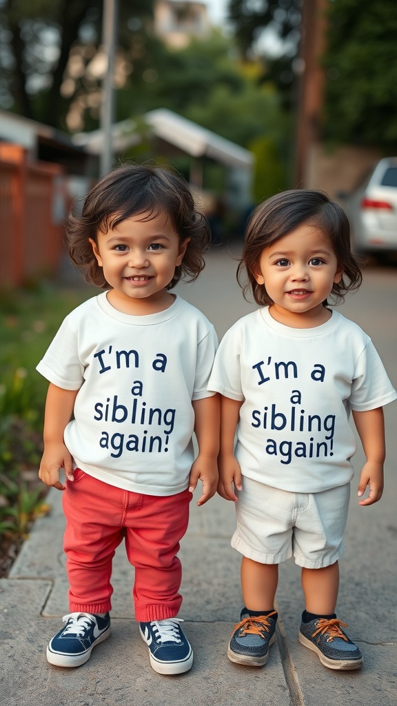 Two young children wearing matching t-shirts that say 'I'm a sibling again!'