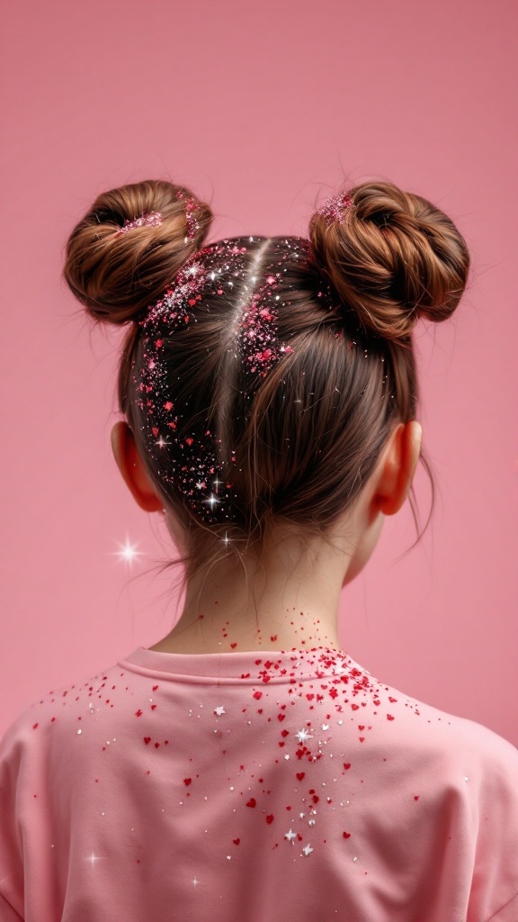 A girl with space buns hairstyle, adorned with glitter, against a pink background.