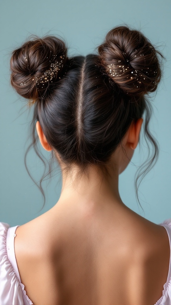 A girl with space buns decorated with glitter, showcasing a playful hairstyle.