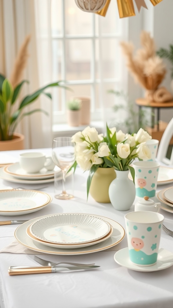 A beautifully arranged table for a baby shower, featuring pastel-colored plates, cups with playful designs, and a floral centerpiece.