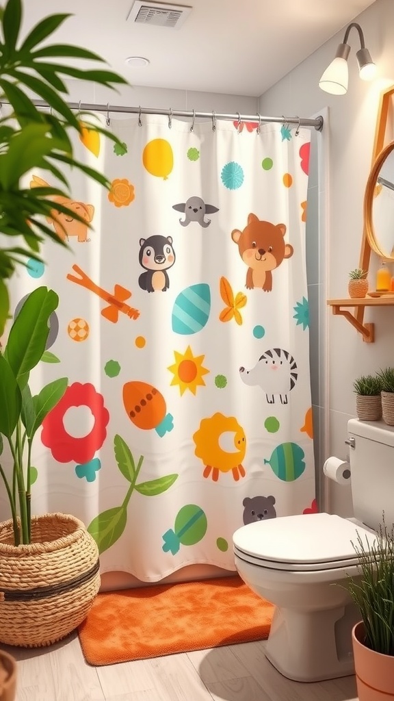A colorful shower curtain with playful animal and flower designs in a kids' bathroom setting.