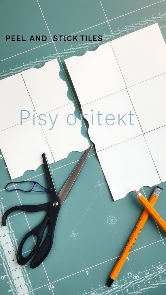 An image showing scissors, a ruler, and pencils on a green cutting mat with peel and stick tiles being cut