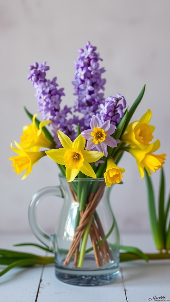 A colorful floral arrangement featuring yellow daffodils and purple hyacinths in a glass pitcher.