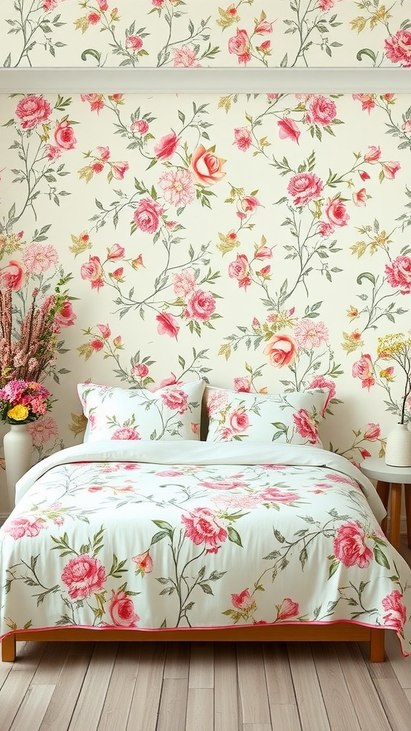 A pastel-themed bedroom featuring floral wallpaper and bedding.