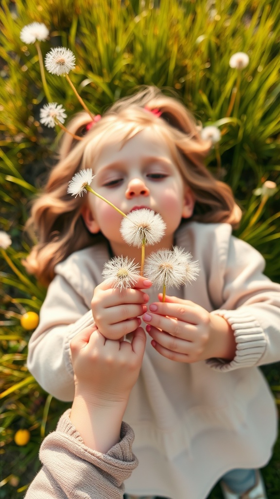 A child lying in the grass, holding dandelion puffs in a sunny field.