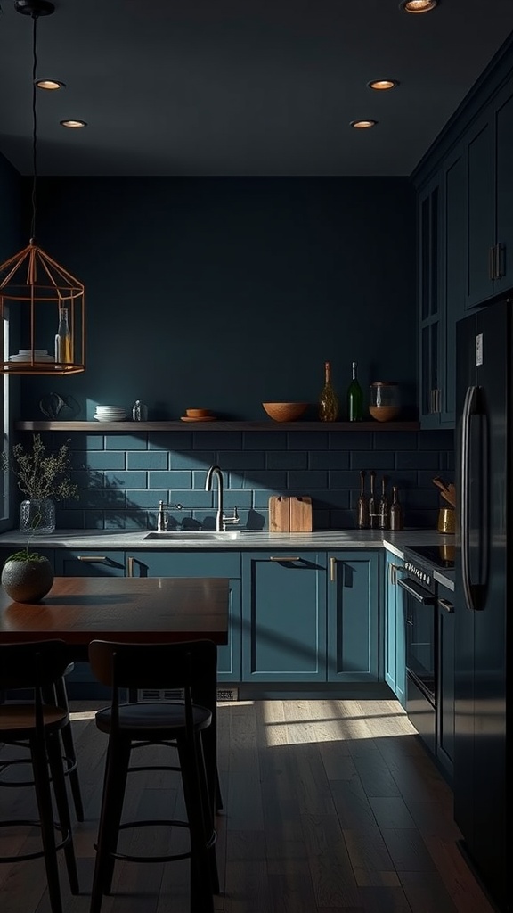 A dark blue kitchen with warm wood accents and soft lighting.