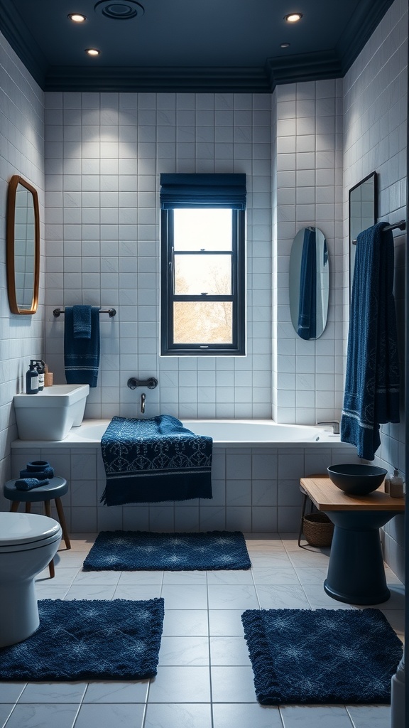 A stylish bathroom featuring dark blue accessories including towels, bath mats, and decorative items.