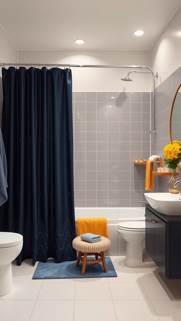 A modern bathroom featuring a dark blue shower curtain, gray tiles, and bright orange accessories.