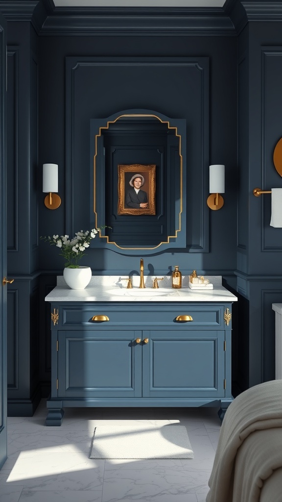 A dark blue bathroom with a stylish vanity, marble countertop, and gold accents.