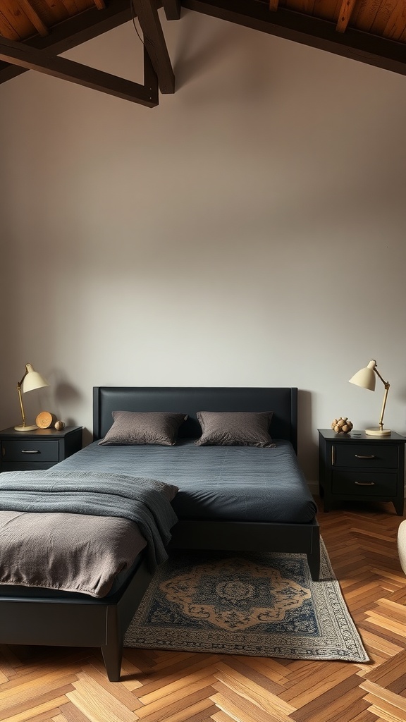 A cozy bedroom featuring dark chocolate furniture, including a double bed with dark bedding, nightstands with lamps, and a decorative rug.