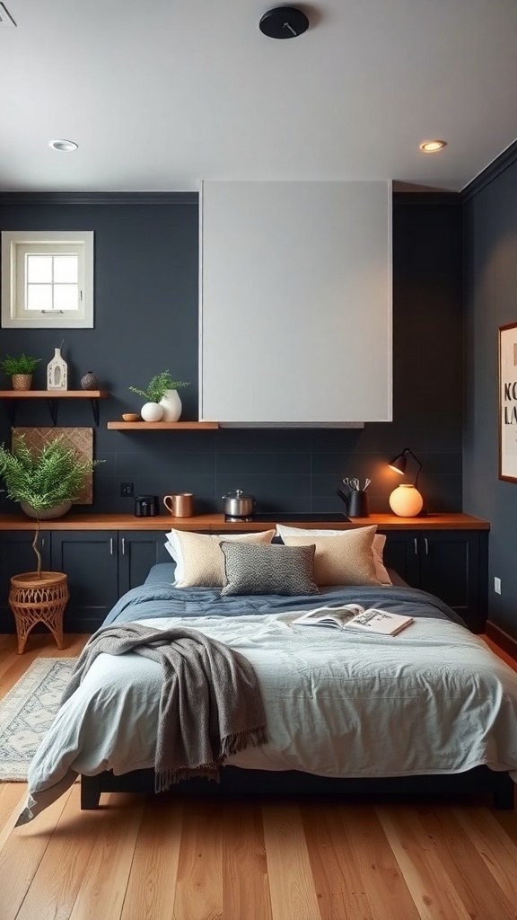 A cozy kitchen with dark navy walls, wooden accents, and warm lighting.