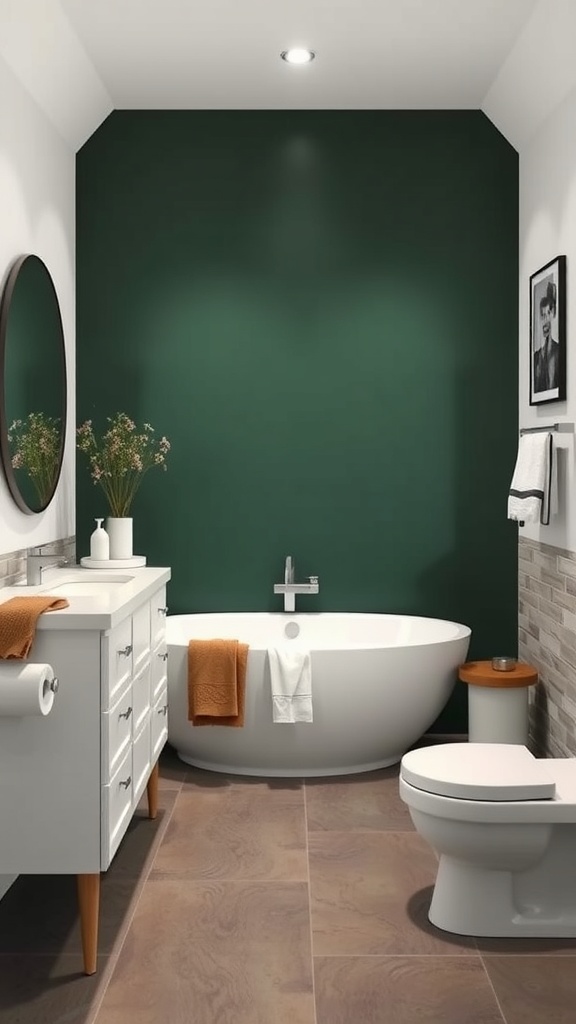 A modern bathroom featuring a dark green accent wall, white fixtures, and earthy tones.
