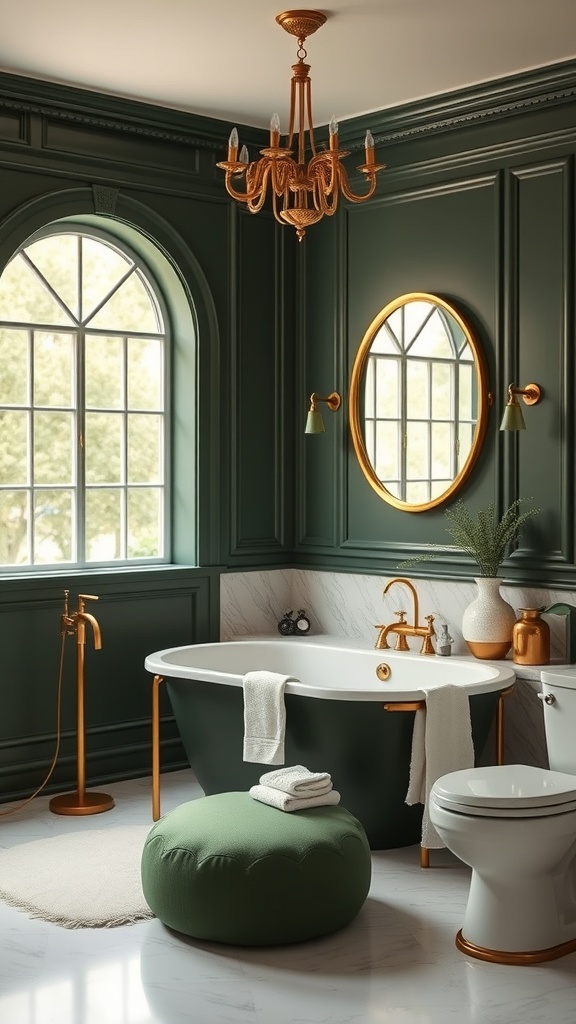 A dark green bathroom featuring gold accents, a bathtub, chandelier, and green pouf.