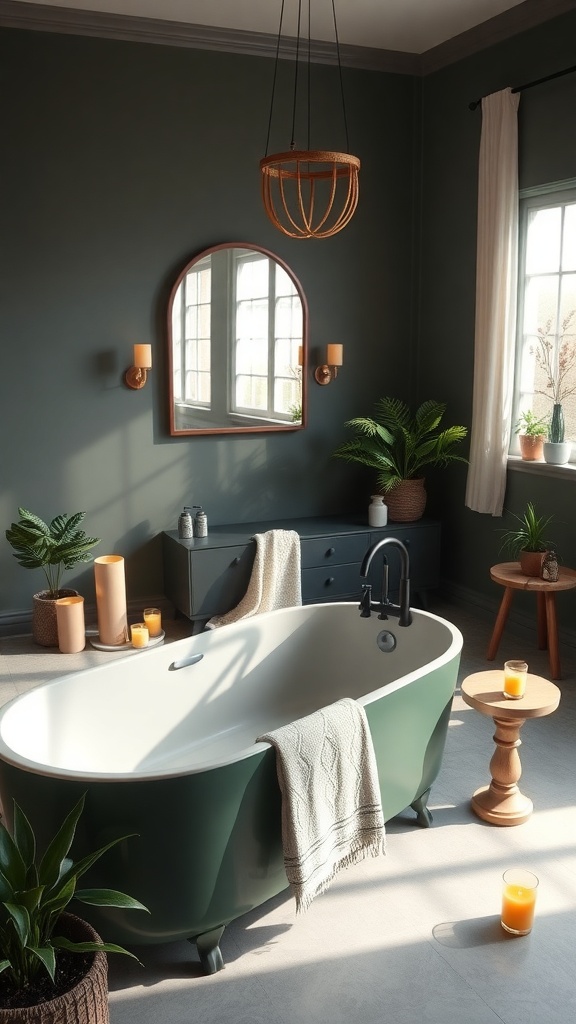 A dark green bathtub in a stylish bathroom with plants and candles.
