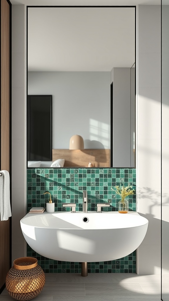 A modern bathroom featuring a dark green mosaic backsplash behind a white sink, complemented by natural decor elements.